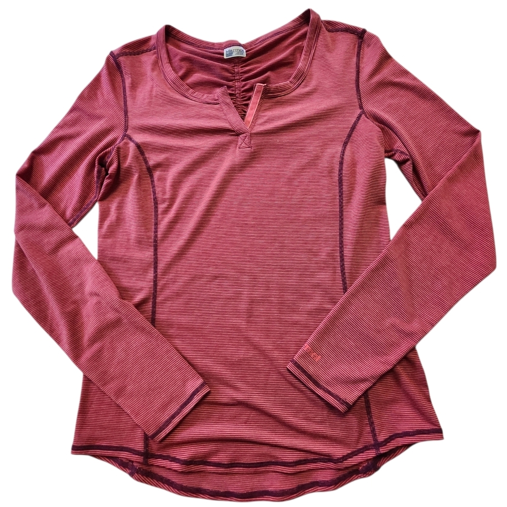Marmot Maroon and Orange Striped Long Sleeve Performance Base Layer Shirt. Sz. S